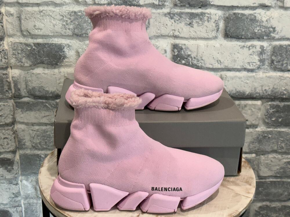 Balenciaga Speed 2.0 Recycled Knit Fake Fur Soft Pink Size EU 40 US 10